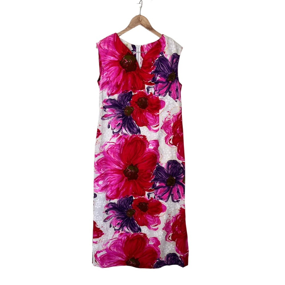 Vintage 70s Alice Hawaiian Barkcloth Maxi White Pink Floral Dress M 0531